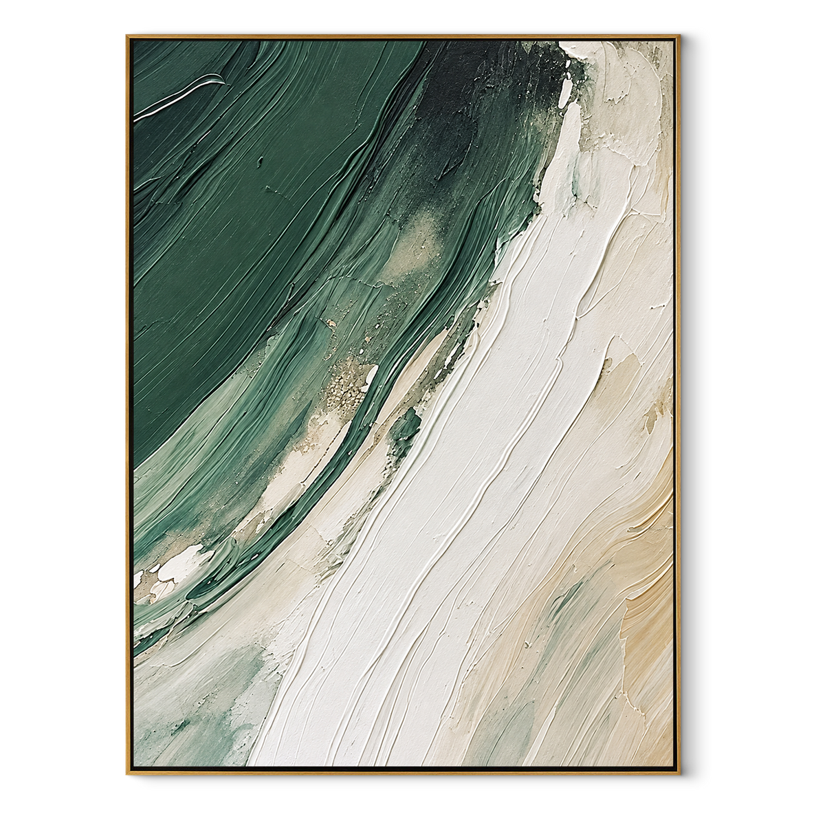 Emerald Tide Curves vertical canvas artwork in a wood frame on white