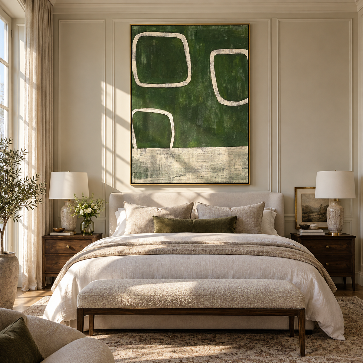 Green Rooms Stay Open green white geometric minimalist painting displayed in a modern interior