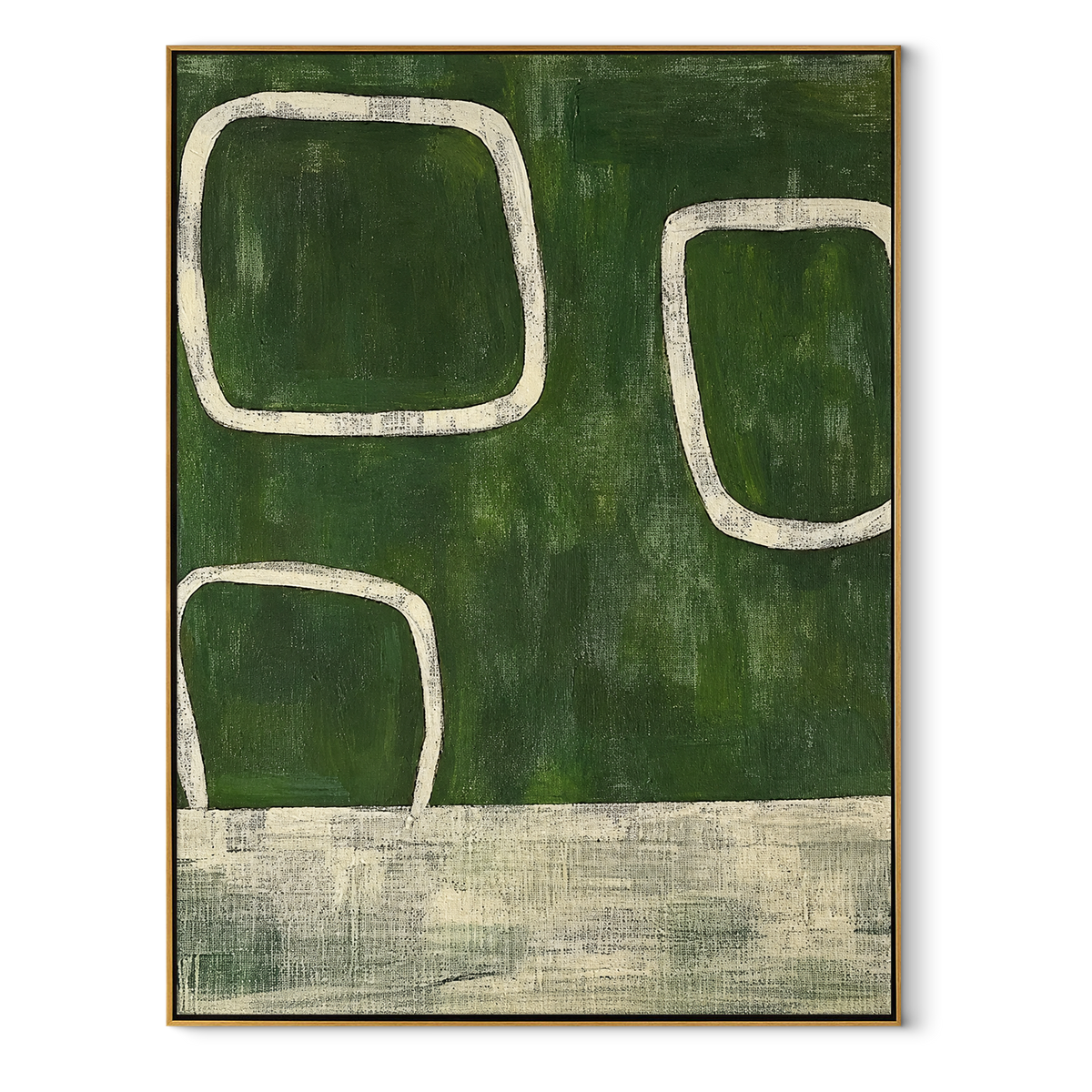 Green Rooms Stay Open vertical canvas artwork in a wood frame on white