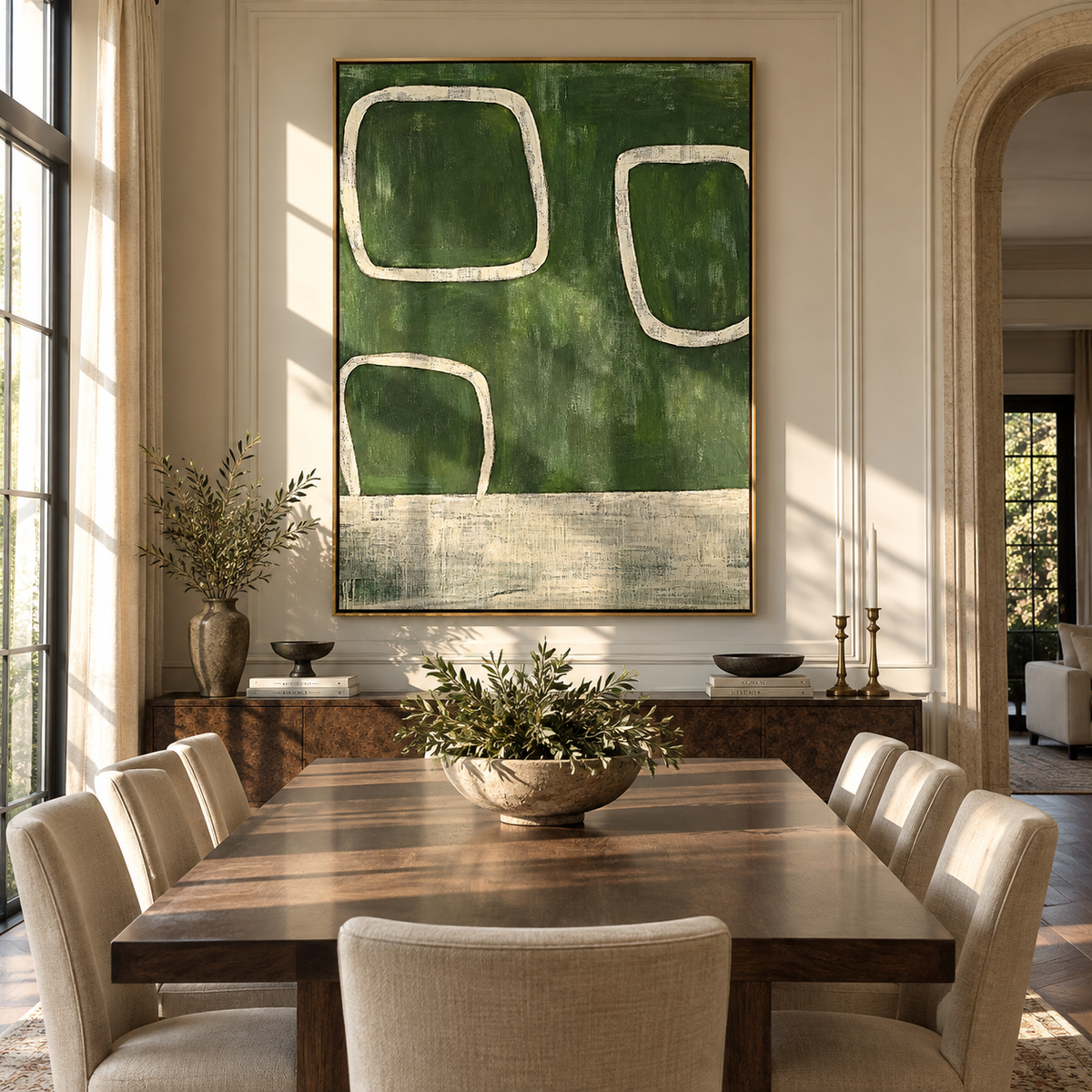 Green Rooms Stay Open textured wall art shown above contemporary furnishings