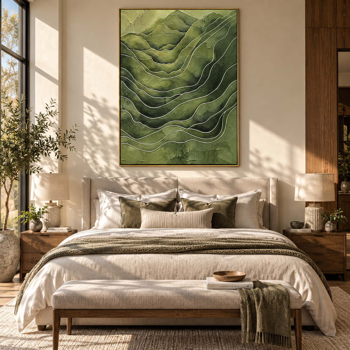Valleys Fold Into Green textured wall art shown above contemporary furnishings