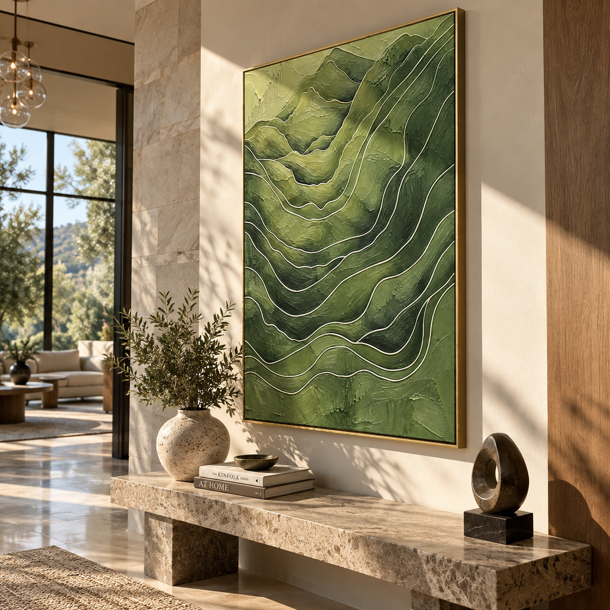 Valleys Fold Into Green vertical painting styled as a refined focal point