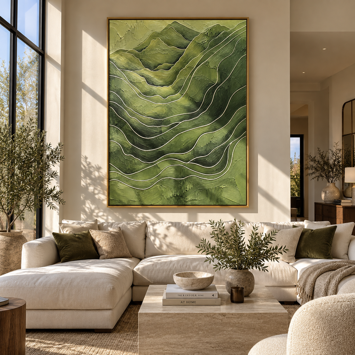 Valleys Fold Into Green displayed with natural materials and modern decor