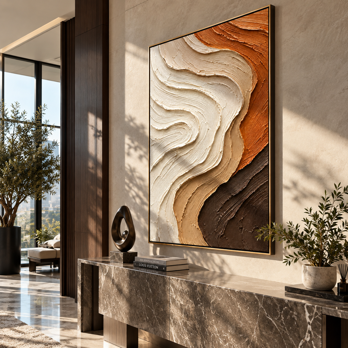 Ivory Current Turns Earth ivory brown layered abstract painting displayed in a modern interior