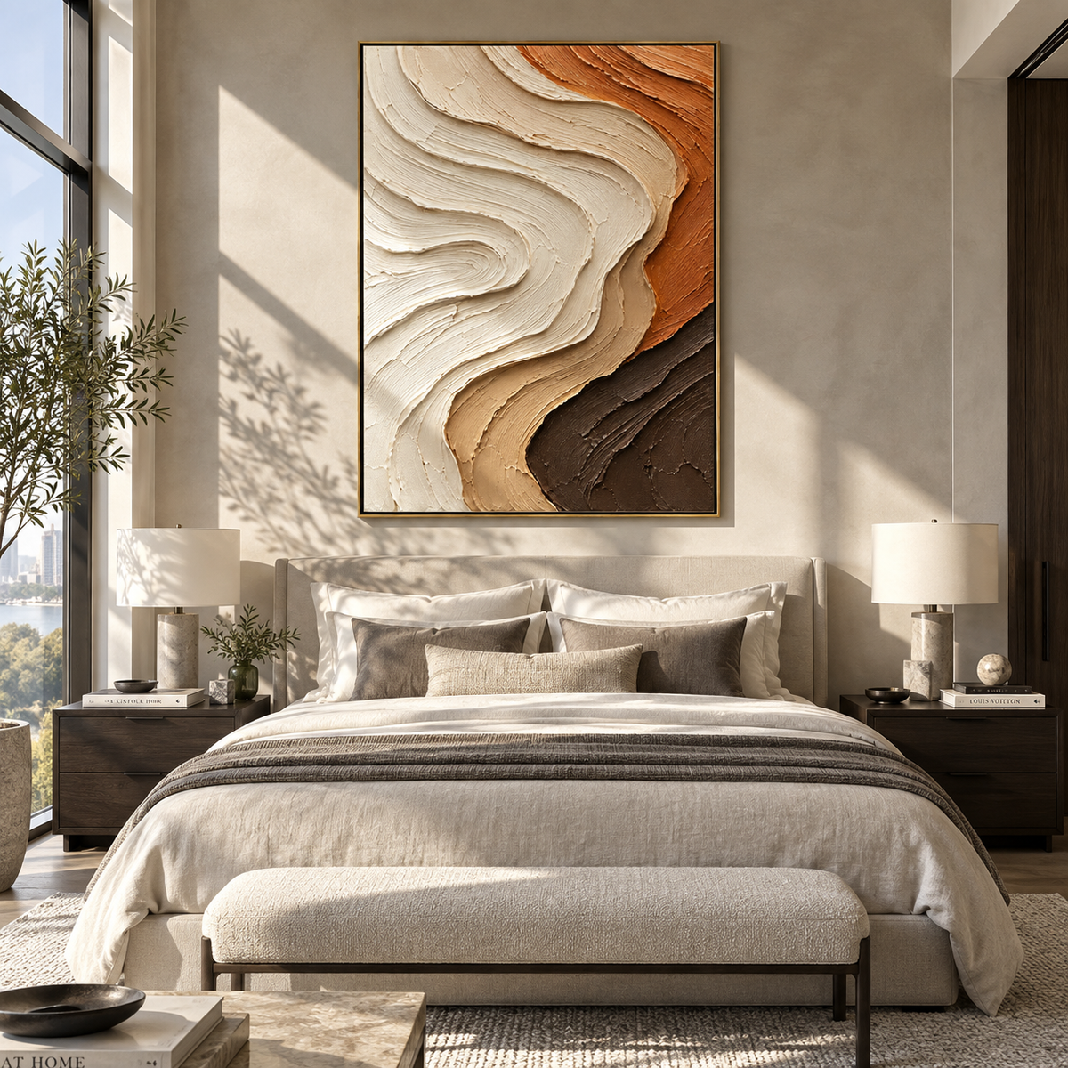 Ivory Current Turns Earth textured wall art shown above contemporary furnishings