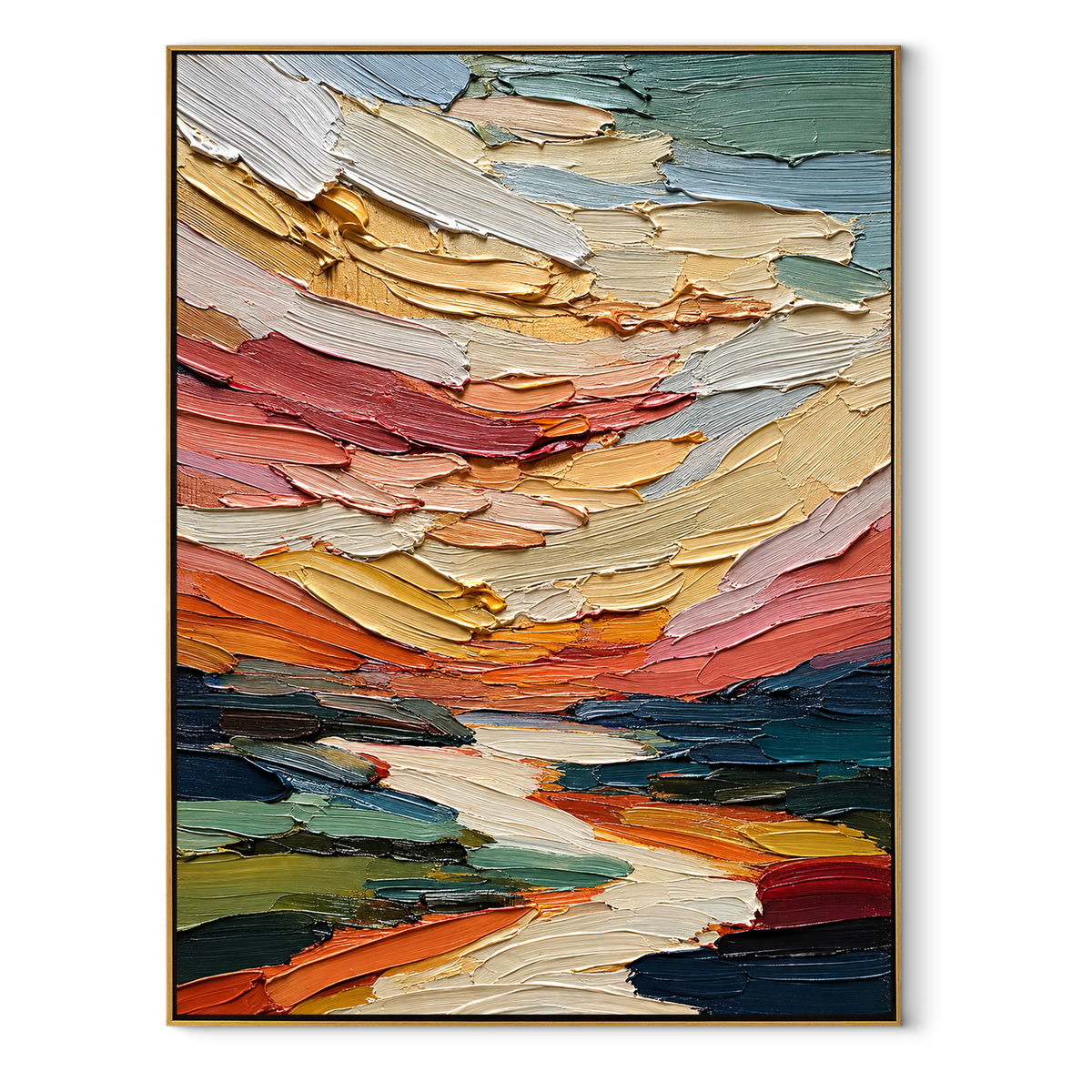 Sunset Passes Through Color vertical canvas artwork in a wood frame on white