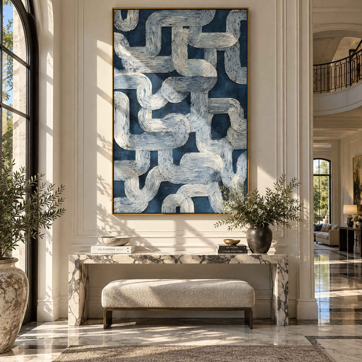Stone Loops Interlace blue gray geometric texture painting displayed in a modern interior
