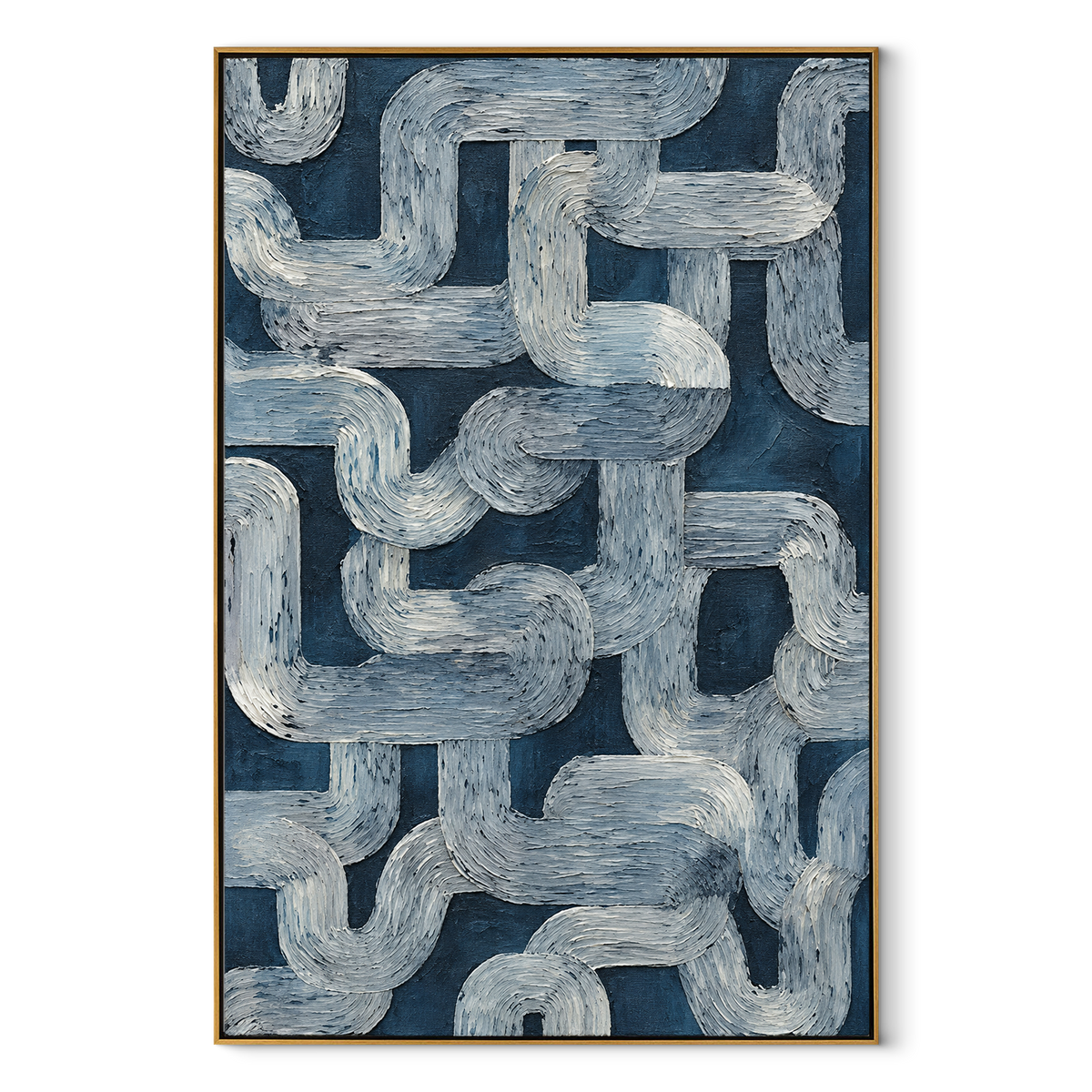 Stone Loops Interlace vertical canvas artwork in a wood frame on white