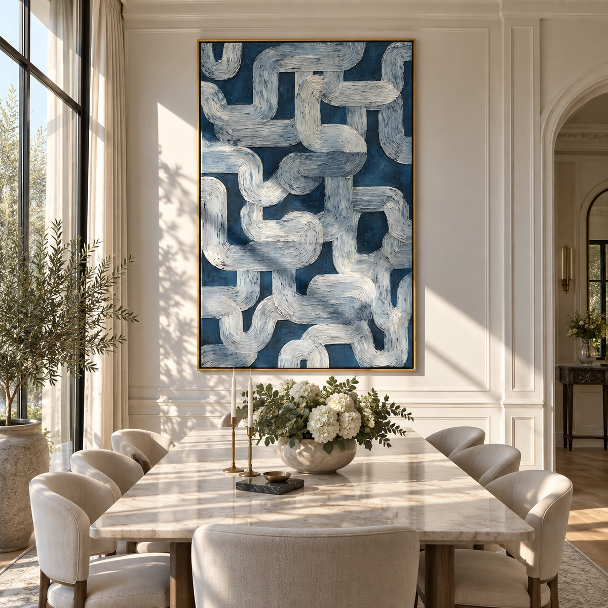 Stone Loops Interlace textured wall art shown above contemporary furnishings