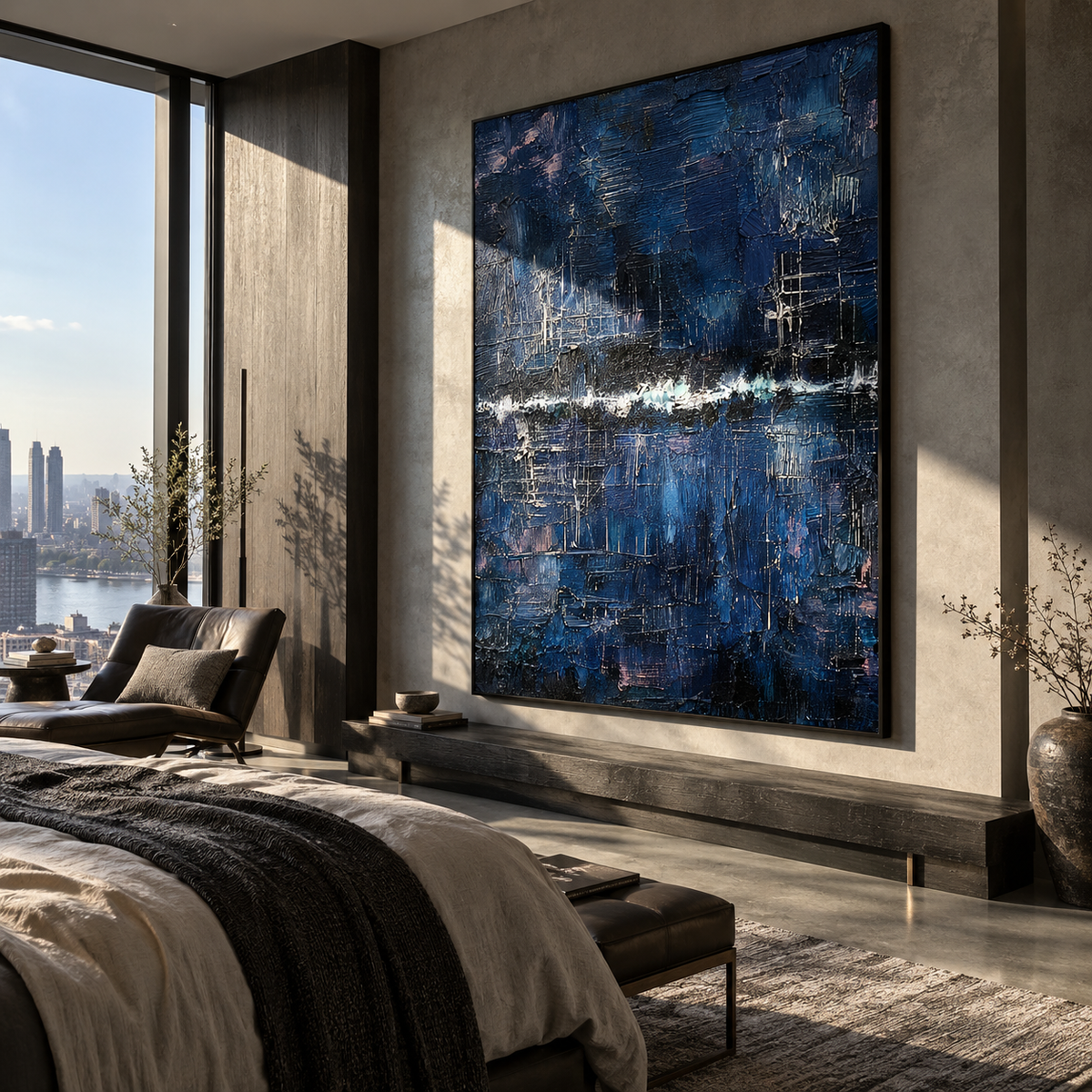 Night Horizon Holds Light deep blue atmospheric abstract painting displayed in a modern interior