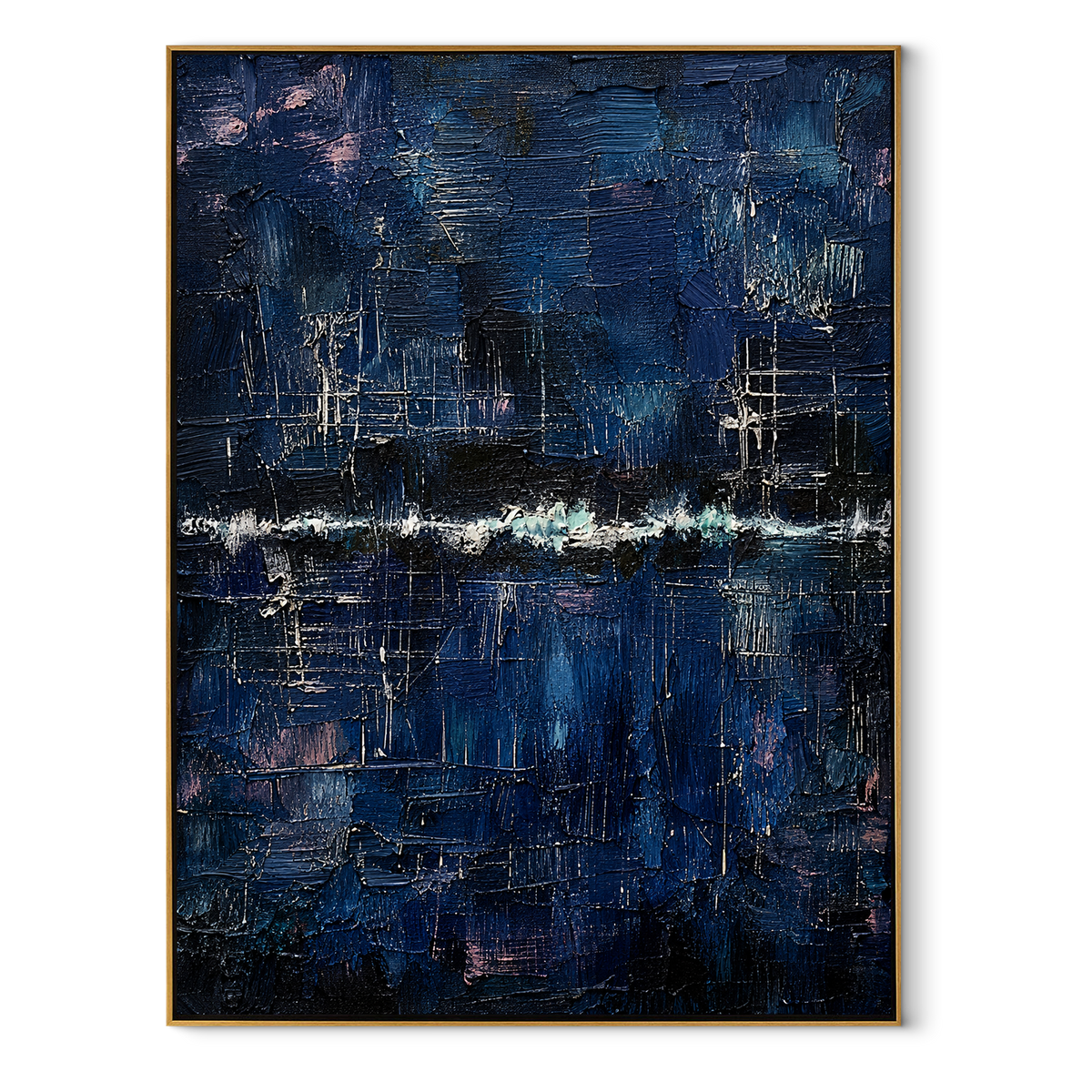 Night Horizon Holds Light vertical canvas artwork in a wood frame on white