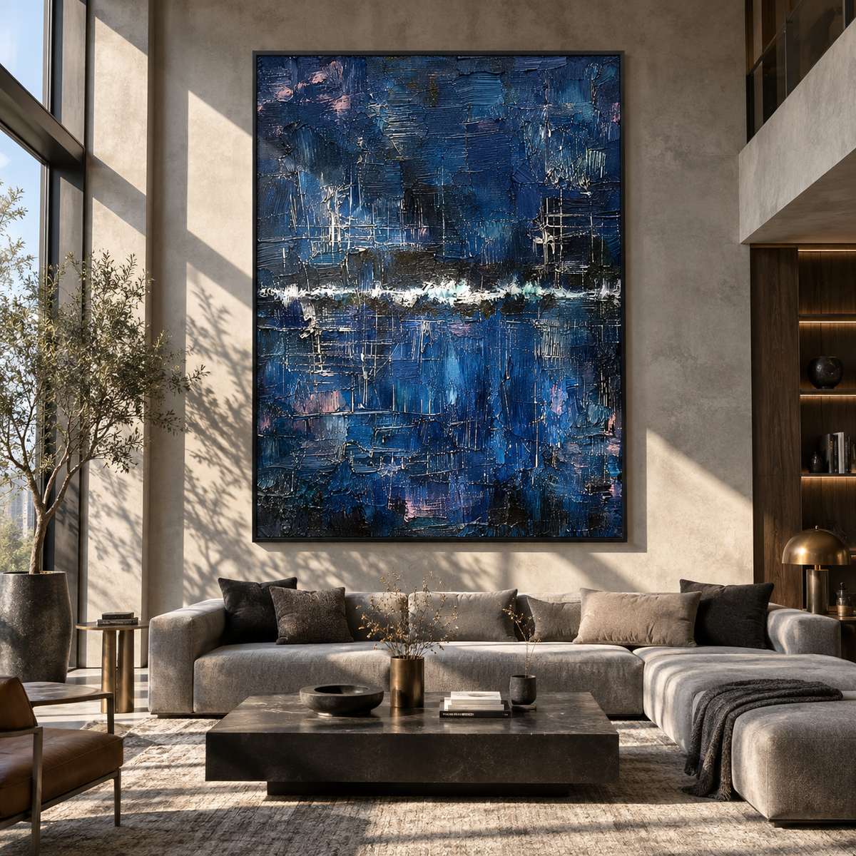 Night Horizon Holds Light textured wall art shown above contemporary furnishings