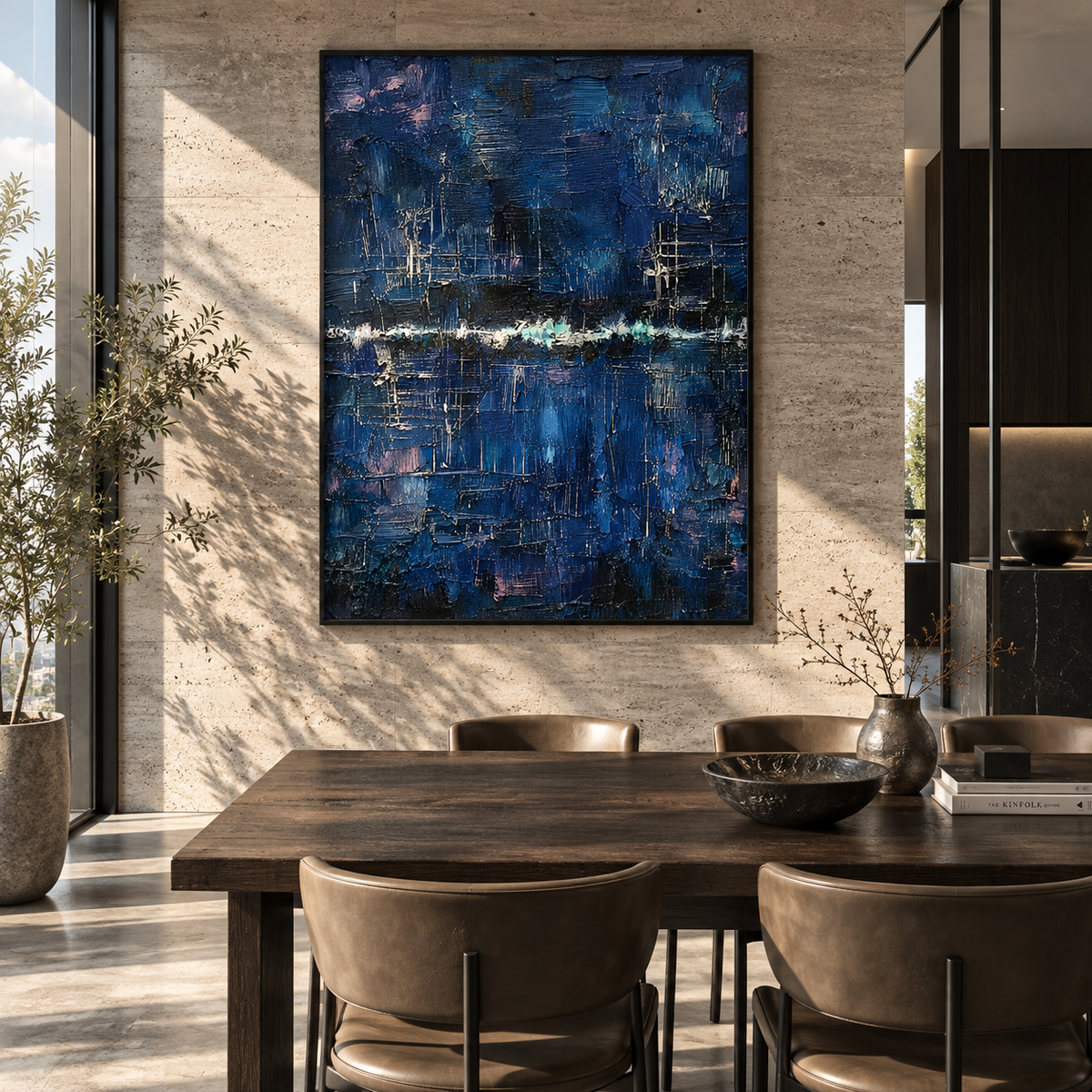Night Horizon Holds Light vertical painting styled as a refined focal point