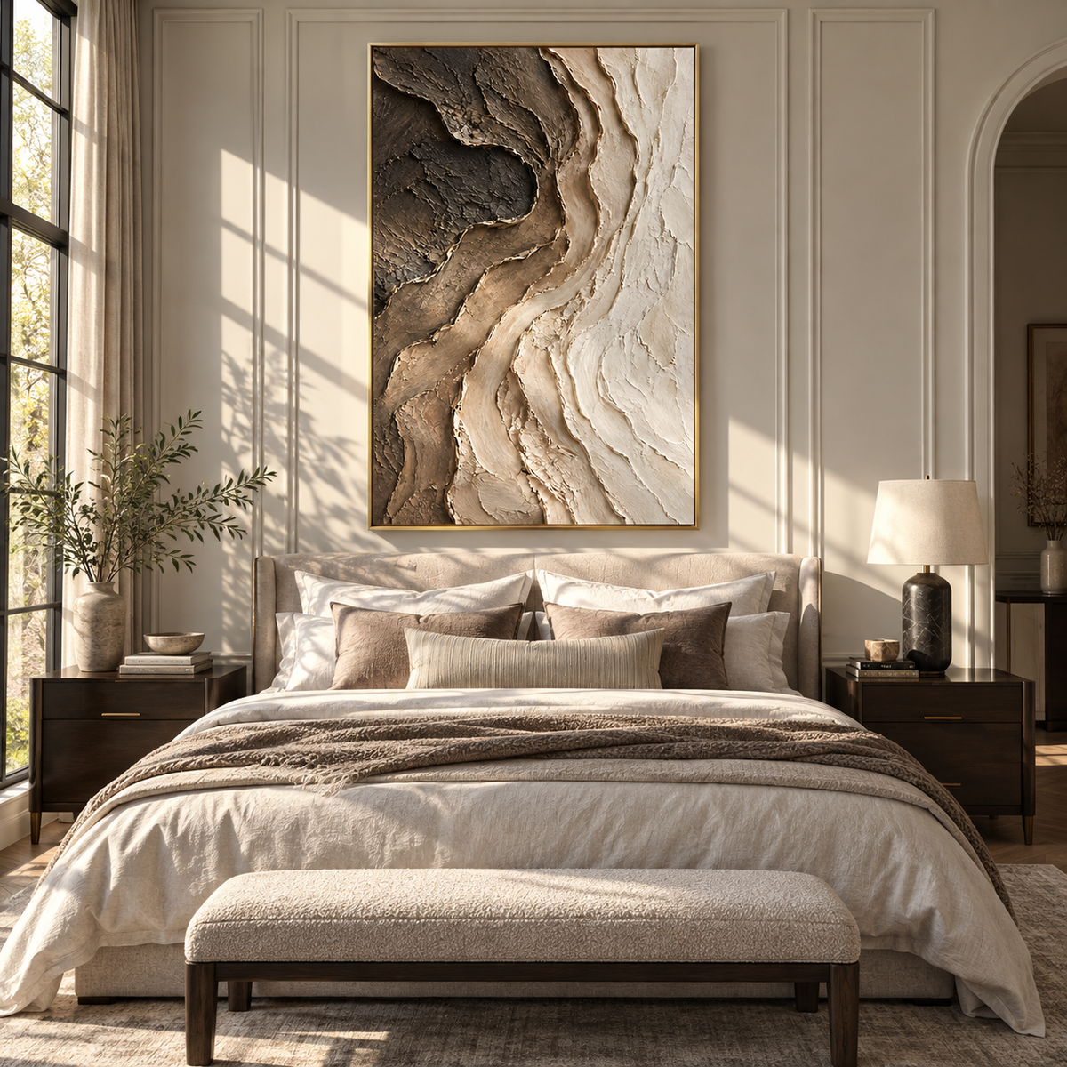 Earth Opens Into Ivory brown ivory organic relief painting displayed in a modern interior