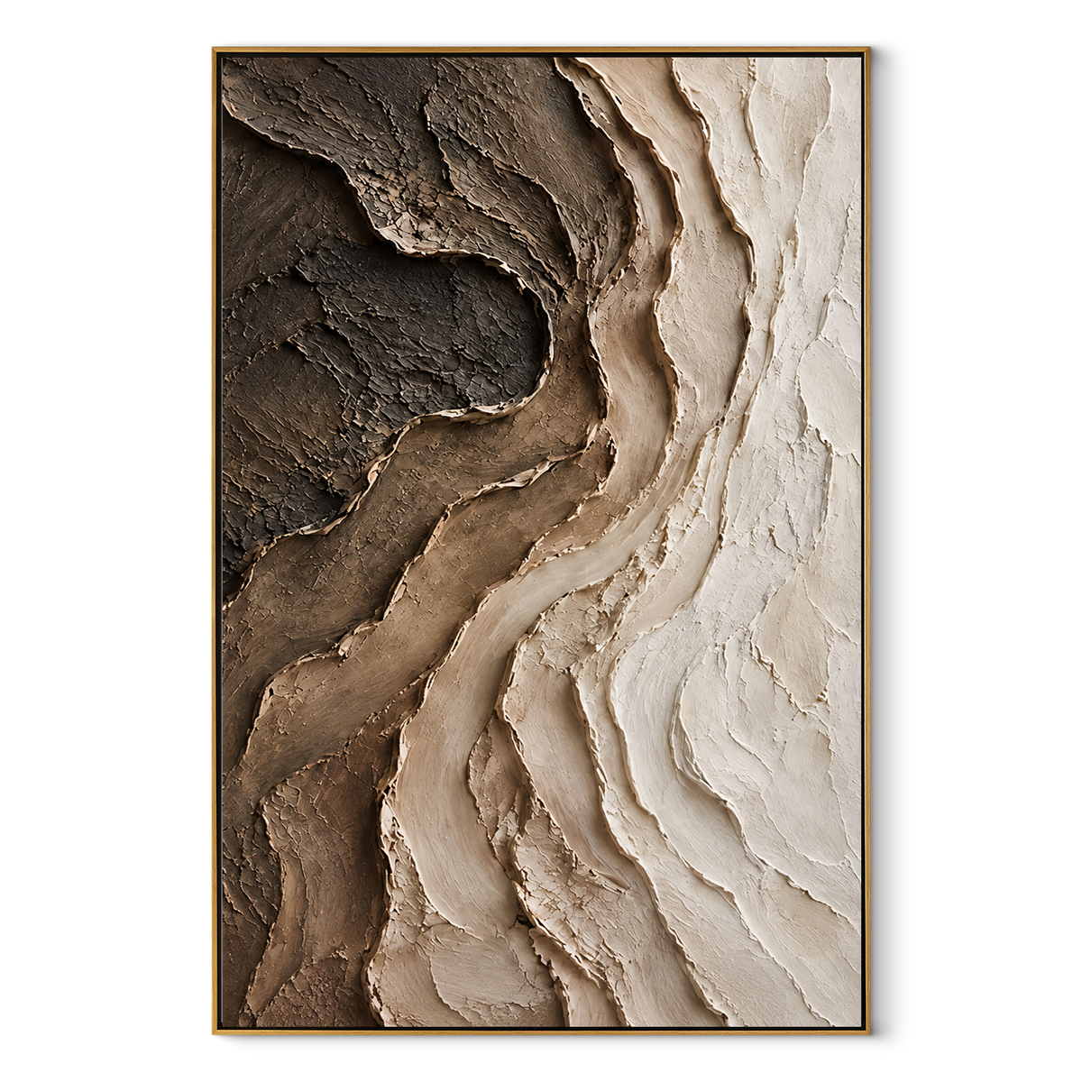 Earth Opens Into Ivory vertical canvas artwork in a wood frame on white