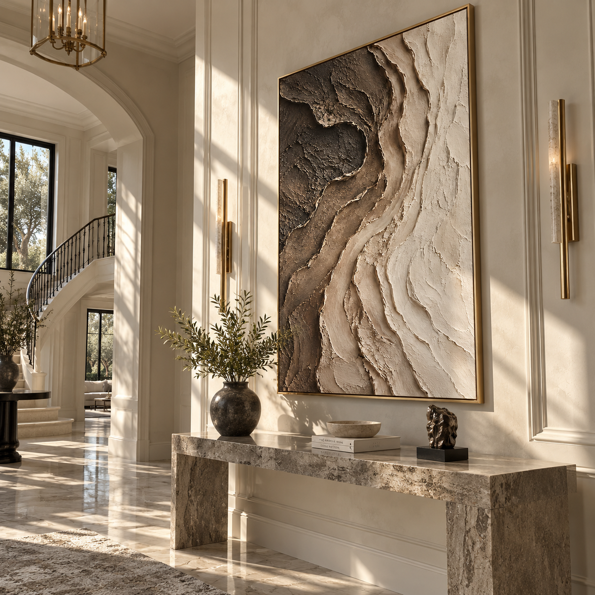 Earth Opens Into Ivory vertical painting styled as a refined focal point