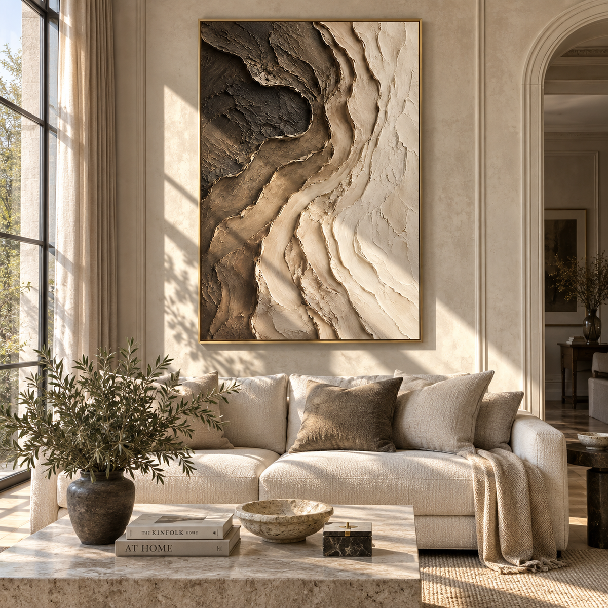 Earth Opens Into Ivory displayed with natural materials and modern decor