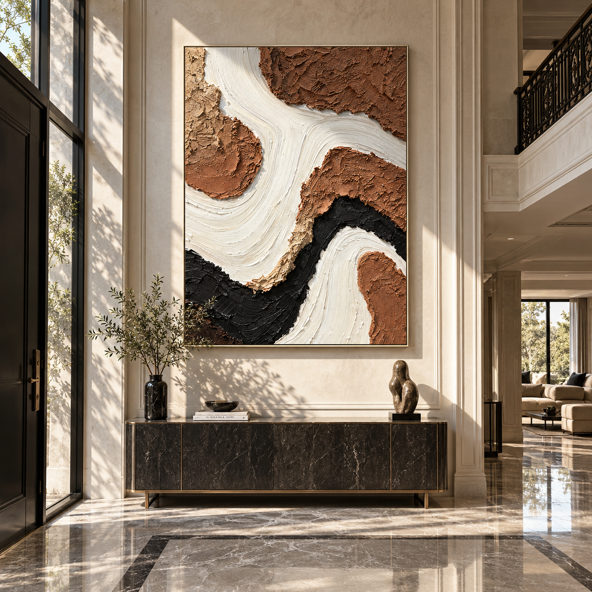 White River Through Earth brown white flowing abstract painting displayed in a modern interior