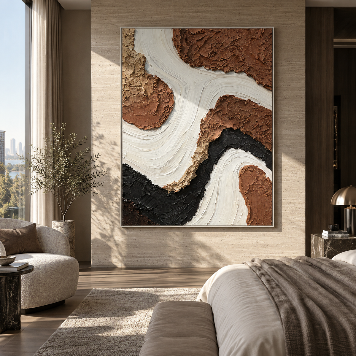 White River Through Earth textured wall art shown above contemporary furnishings