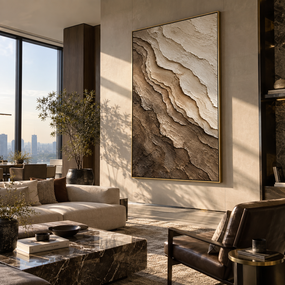Stone Layers Climb textured wall art shown above contemporary furnishings