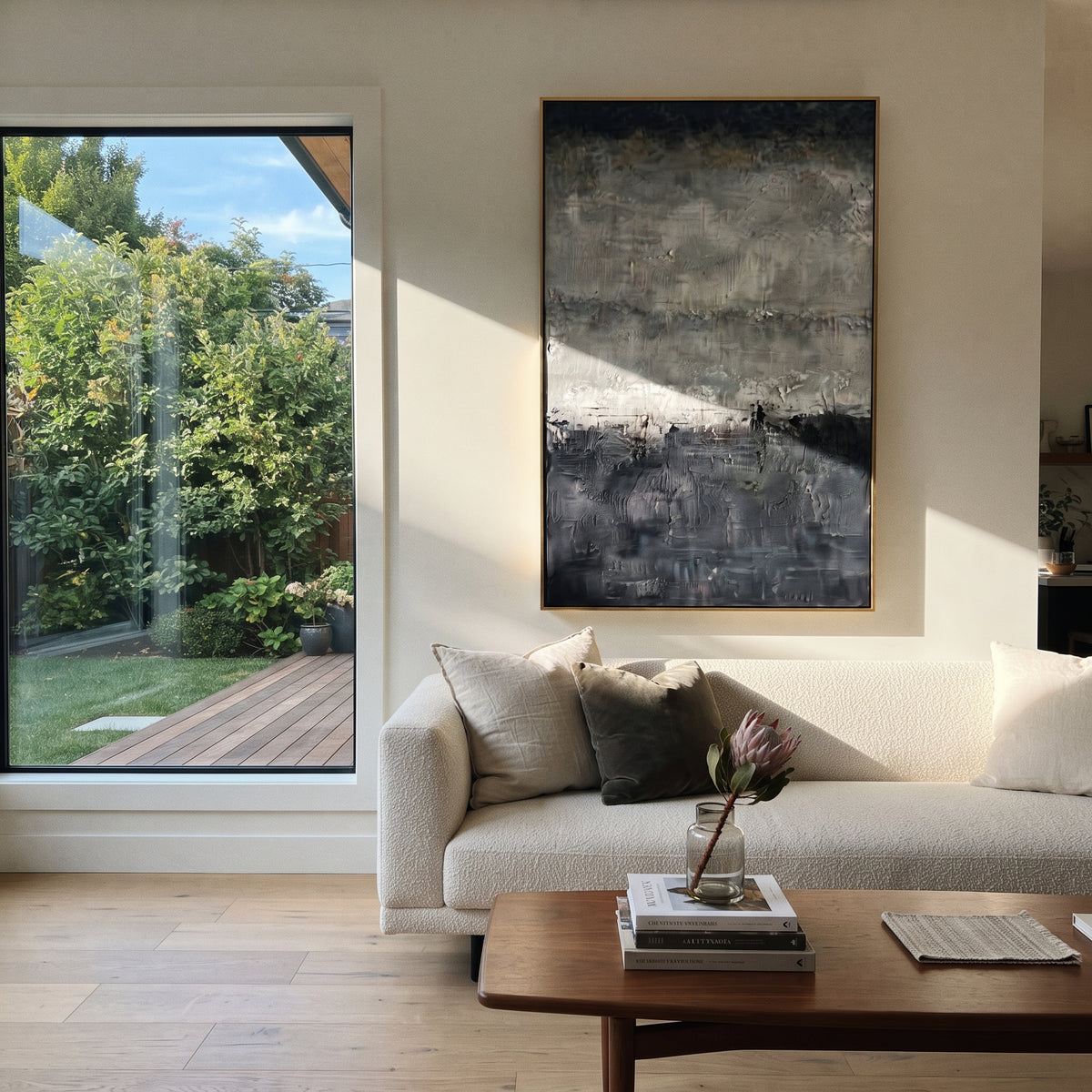 Midnight Shore Dissolves vertical painting displayed as a room focal point