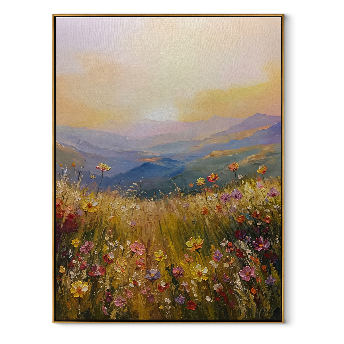 Meadow Holds Morning vertical canvas artwork in a wood frame on a white background