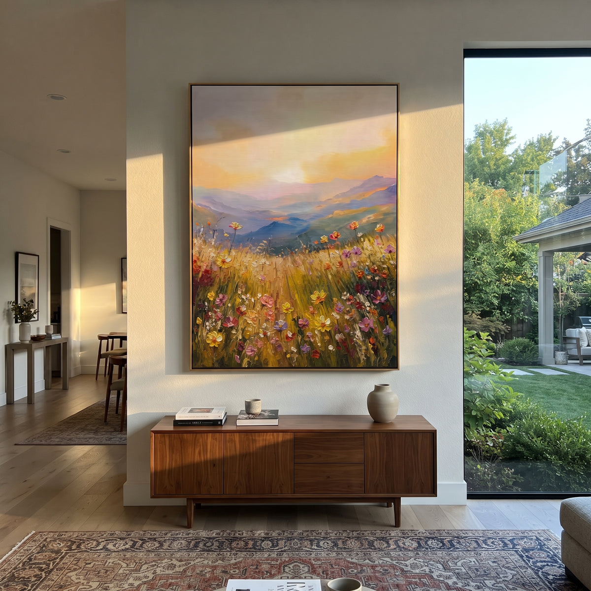 Meadow Holds Morning textured wall art shown in a contemporary room setting