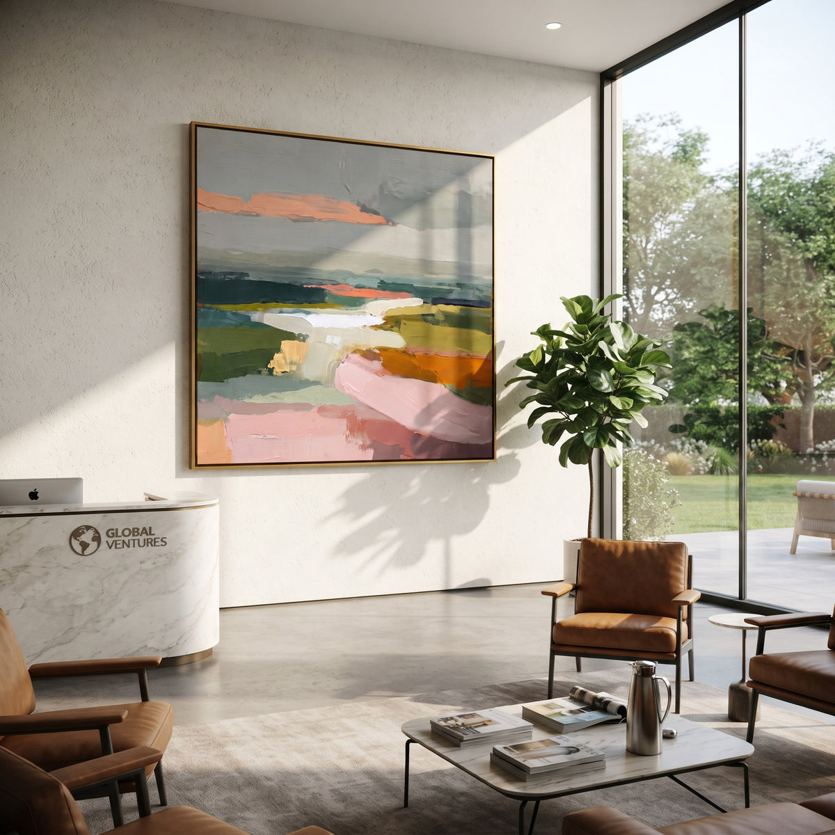 Fields Follow the River textured wall art shown in a contemporary room setting