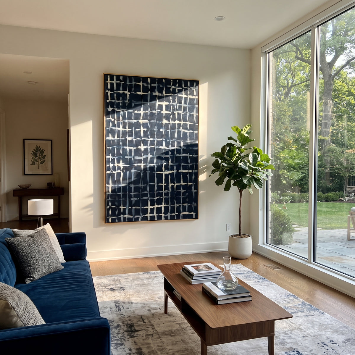 Ivory Grid at Midnight navy white grid abstract painting displayed in a styled interior