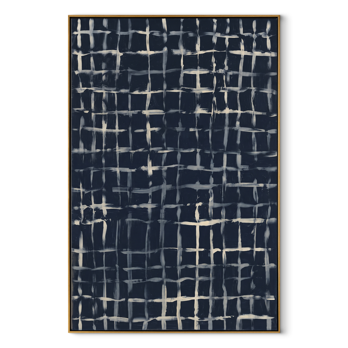 Ivory Grid at Midnight vertical canvas artwork in a wood frame on a white background