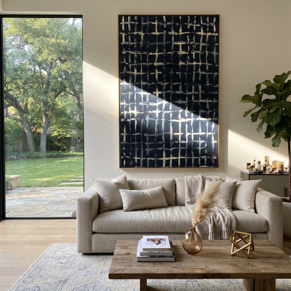 Ivory Grid at Midnight textured wall art shown in a contemporary room setting