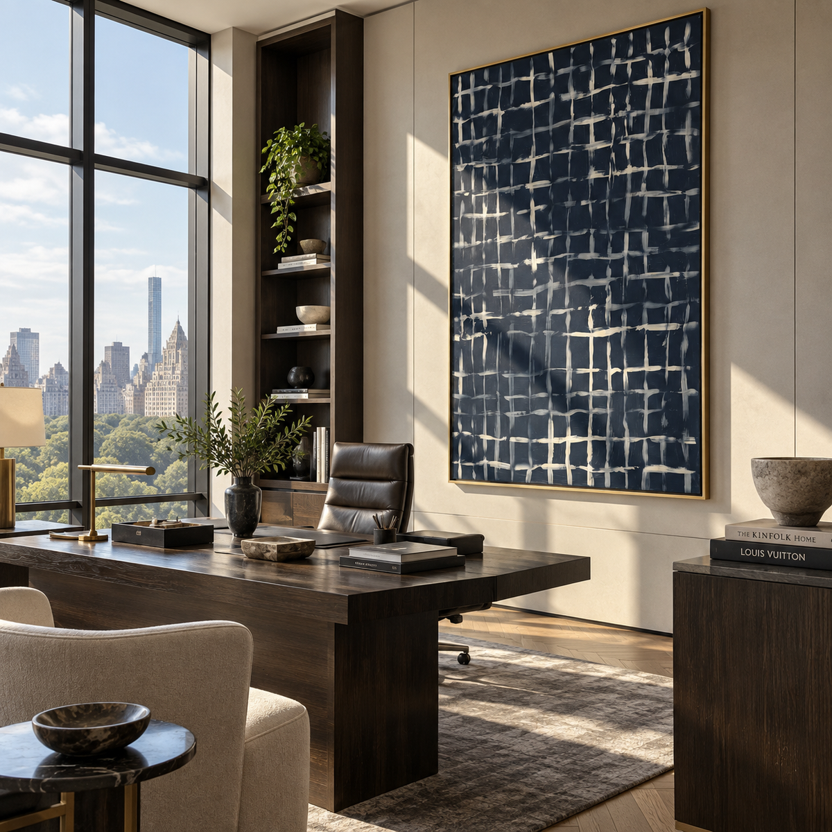 Ivory Grid at Midnight vertical painting displayed as a room focal point