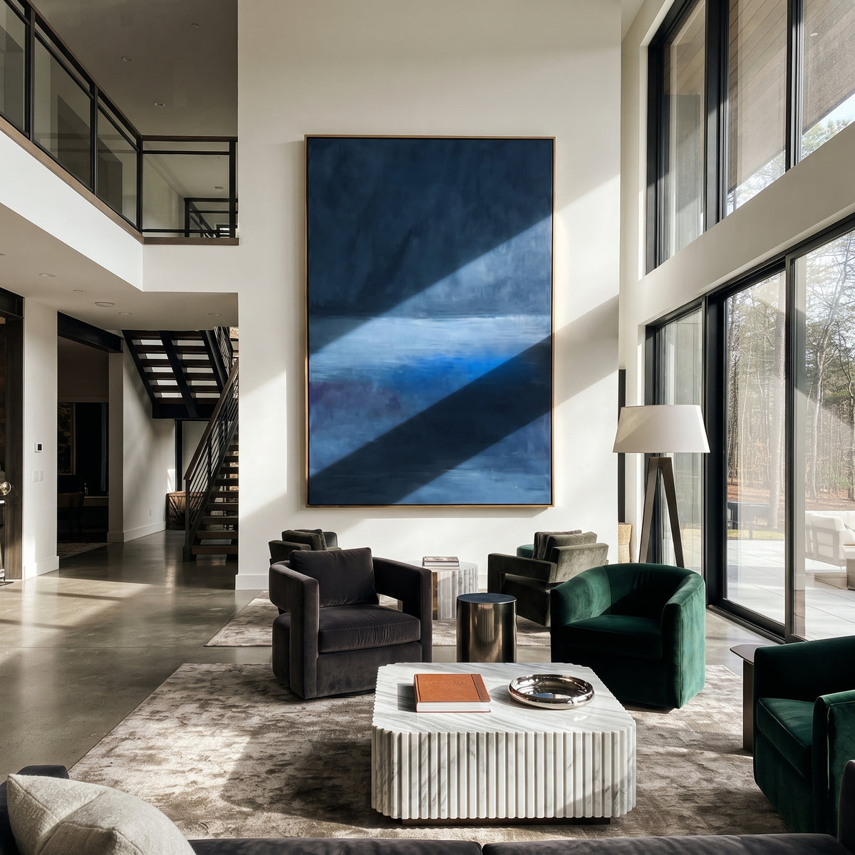 Blue Distance Remains deep blue minimalist seascape painting displayed in a styled interior