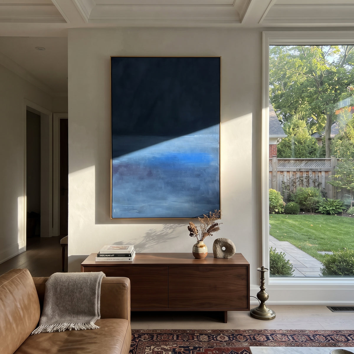 Blue Distance Remains textured wall art shown in a contemporary room setting
