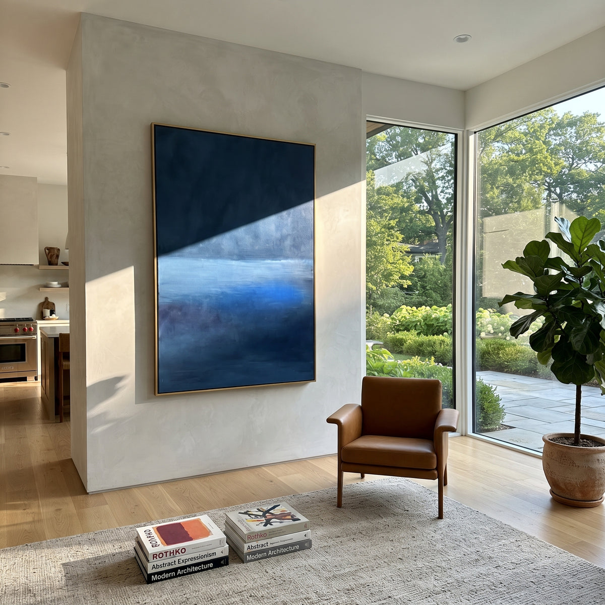 Blue Distance Remains vertical painting displayed as a room focal point