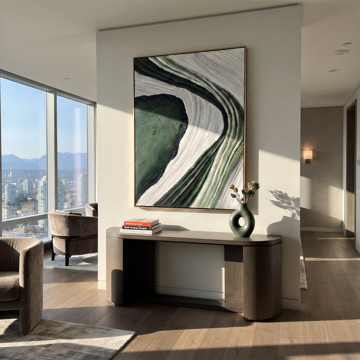 Emerald Current Opens green white flowing abstract painting displayed in a styled interior
