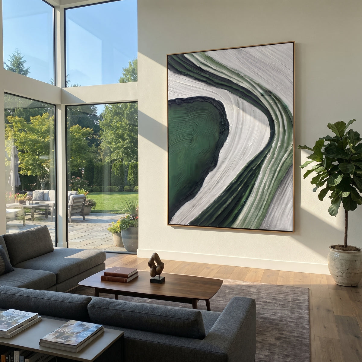 Emerald Current Opens vertical painting displayed as a room focal point