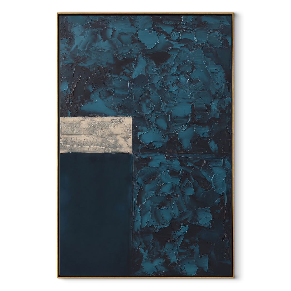 Teal Blocks Hold Silence vertical canvas artwork in a wood frame on a white background