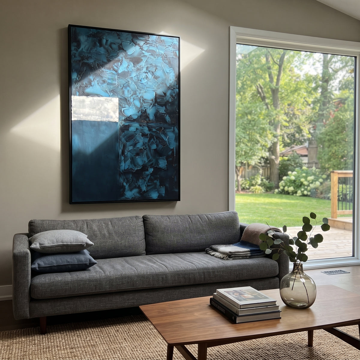 Teal Blocks Hold Silence vertical painting displayed as a room focal point