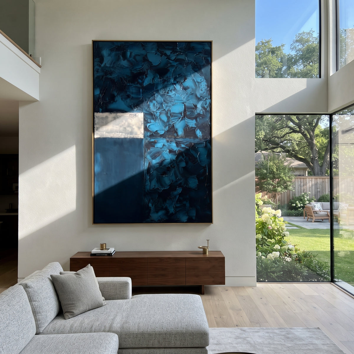 Teal Blocks Hold Silence artwork shown with modern interior materials