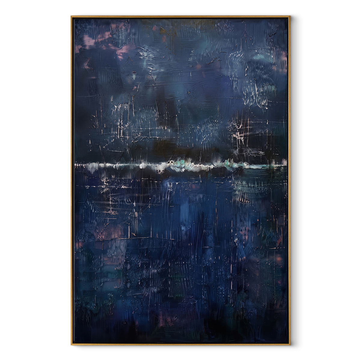 Midnight Harbor After Rain vertical canvas artwork in a wood frame on a white background
