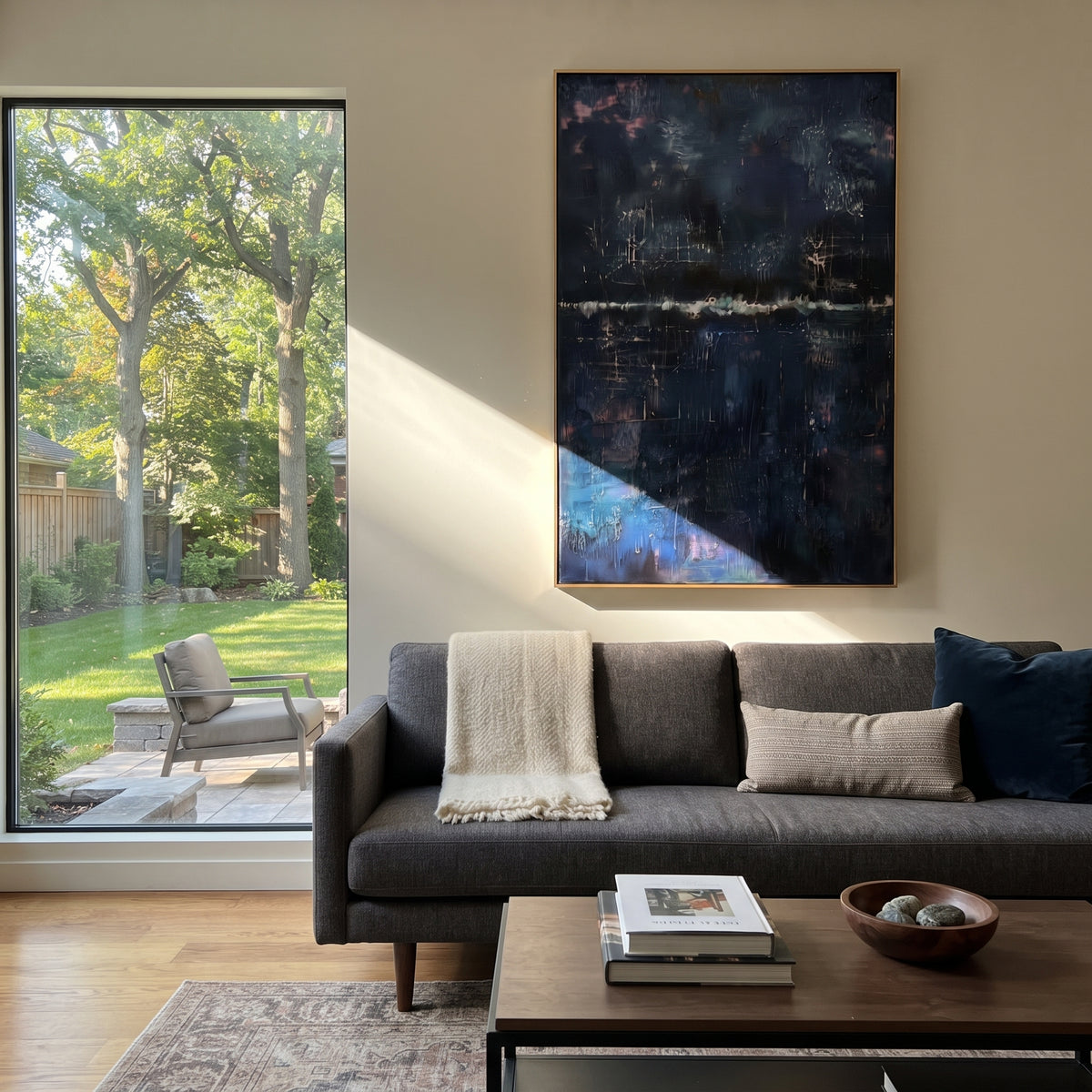 Midnight Harbor After Rain artwork shown with modern interior materials