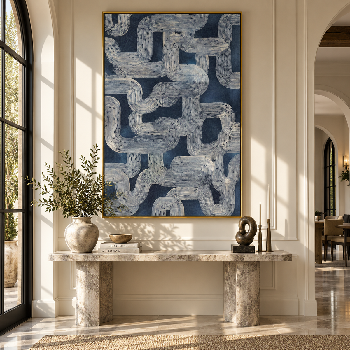 Stone Links Interlock blue grey interlocking abstract painting displayed in a styled interior