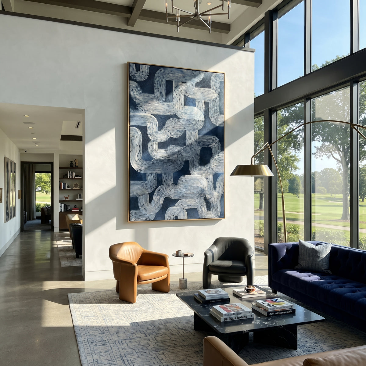 Stone Links Interlock vertical painting displayed as a room focal point