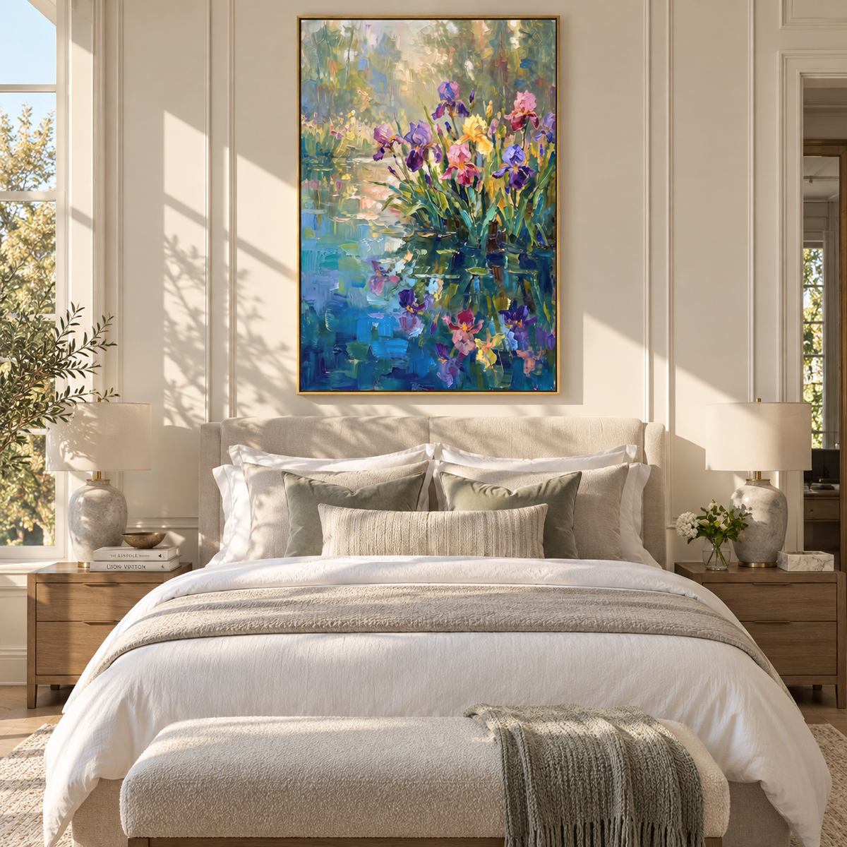Iris Light on Water purple iris pond painting displayed in a styled interior