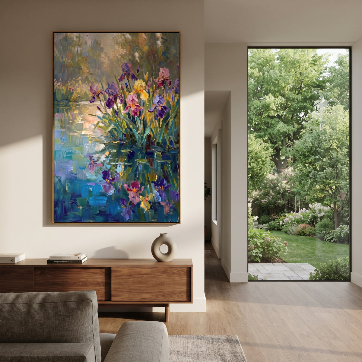 Iris Light on Water textured wall art shown in a contemporary room setting
