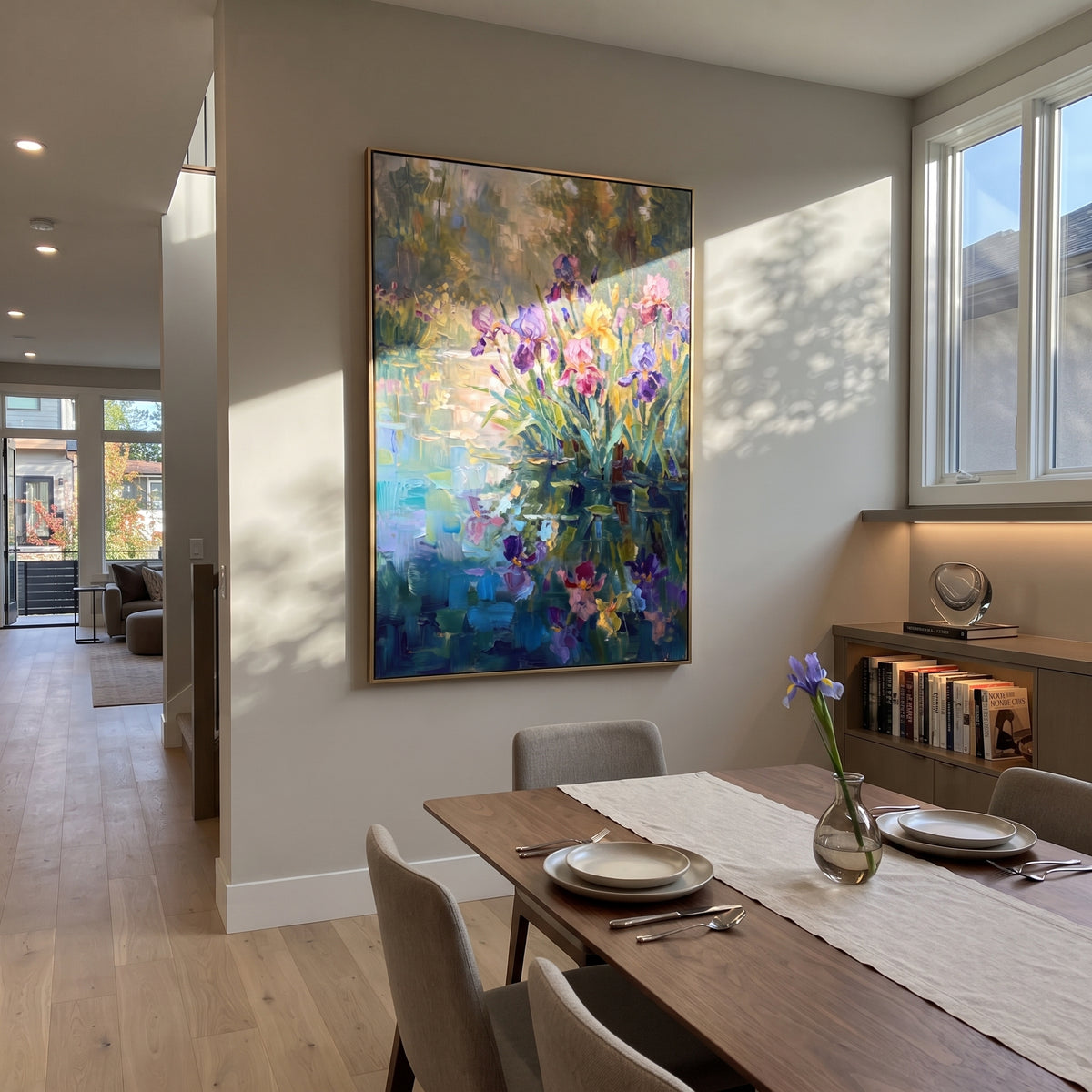 Iris Light on Water vertical painting displayed as a room focal point