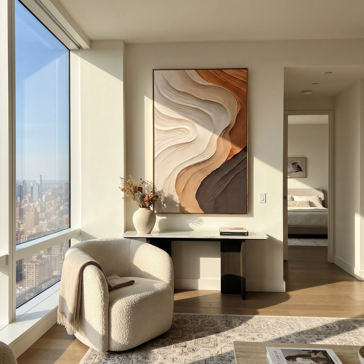 Sandstone Tides Descend textured wall art shown in a contemporary room setting