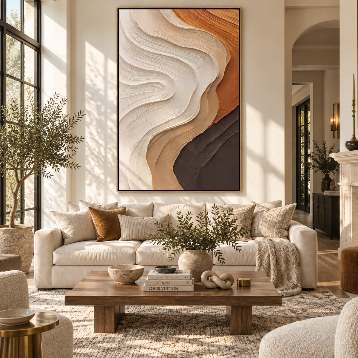 Sandstone Tides Descend vertical painting displayed as a room focal point