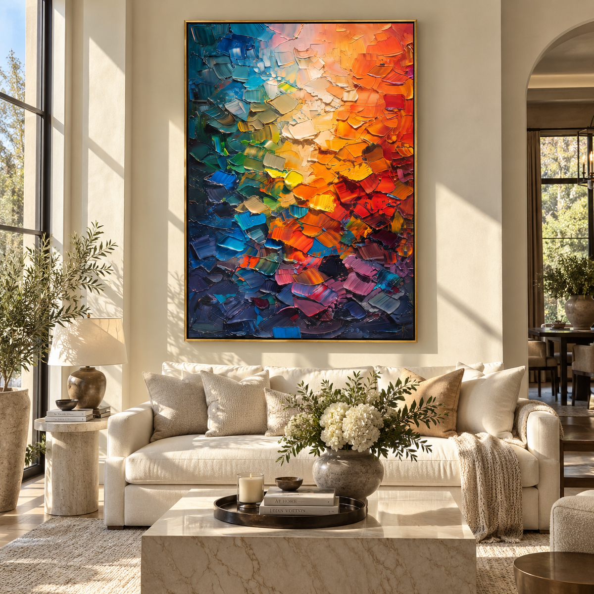 Chromatic Fragments Ignite colorful palette knife abstract painting displayed in a styled interior